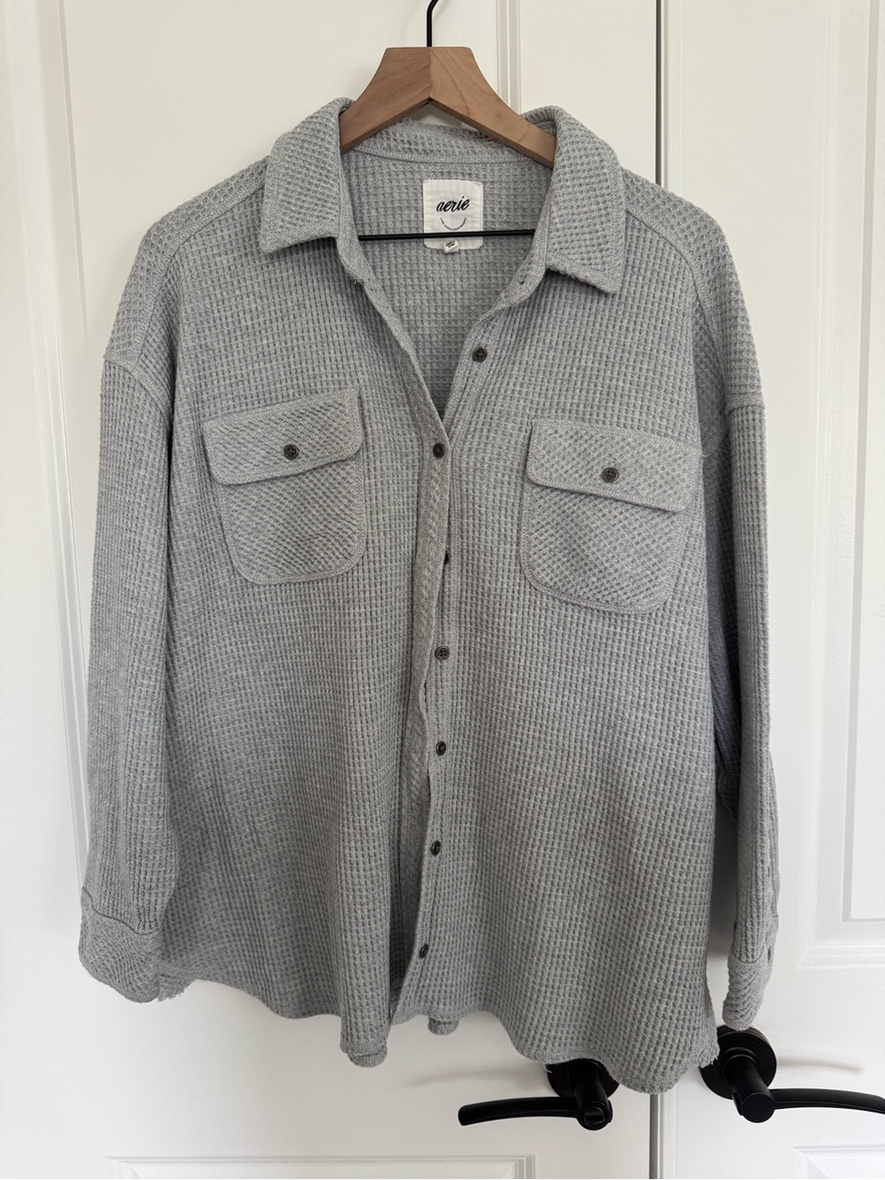 aerie Gray Waffle Knit Button-Down Shirt